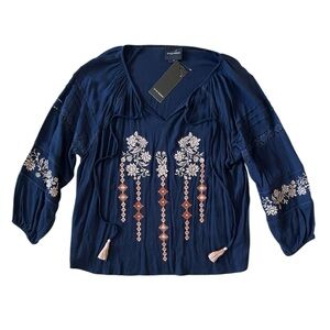 Liv Los Angeles Embroidered Navy Blue Boho Top